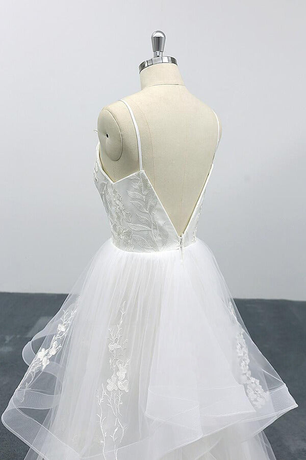 Long A-line Sweetheart Appliques Spaghetti Strap Tulle Wedding Dress-showprettydress
