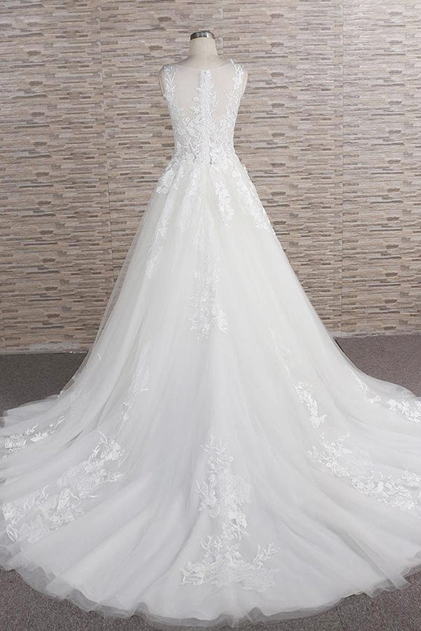 Long A-line Sweetheart Applqiues Lace Tulle Wedding Dress-showprettydress