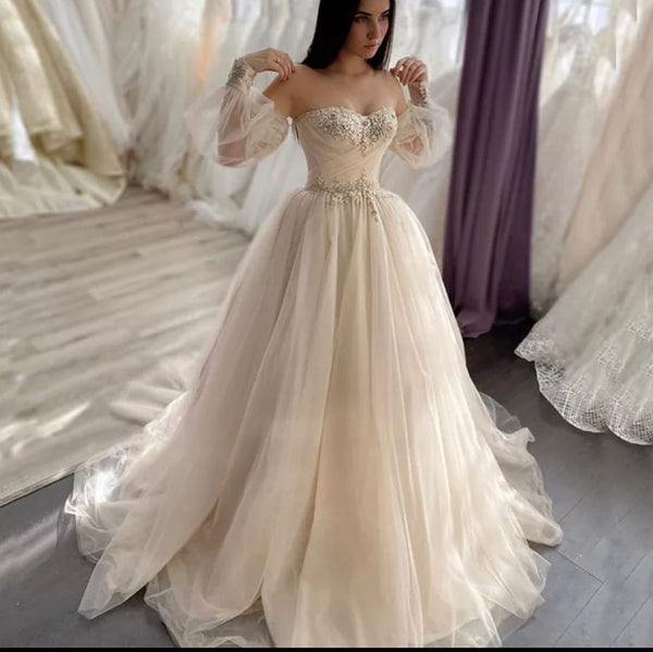 Long A-Line Sweetheart Backless Appliques Lace Crystal Tulle Wedding Dress with Sleeves-showprettydress