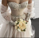 Long A-Line Sweetheart Backless Appliques Lace Crystal Tulle Wedding Dress with Sleeves-showprettydress