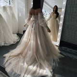 Long A-Line Sweetheart Backless Appliques Lace Crystal Tulle Wedding Dress with Sleeves-showprettydress