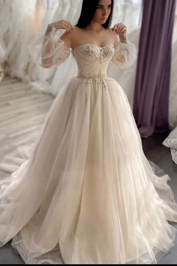 Long A-Line Sweetheart Backless Appliques Lace Crystal Tulle Wedding Dress with Sleeves-showprettydress