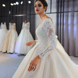 Long A-Line Sweetheart Backless Appliques Lace Sequins Wedding Dress with Sleeves-showprettydress