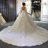 Long A-Line Sweetheart Backless Appliques Lace Sequins Wedding Dress with Sleeves-showprettydress