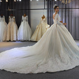 Long A-Line Sweetheart Backless Appliques Lace Sequins Wedding Dress with Sleeves-showprettydress