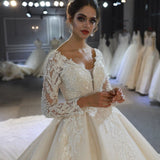 Long A-Line Sweetheart Backless Appliques Lace Sequins Wedding Dress with Sleeves-showprettydress