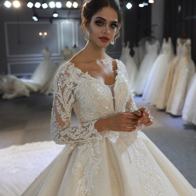 Long A-Line Sweetheart Backless Appliques Lace Sequins Wedding Dress with Sleeves-showprettydress