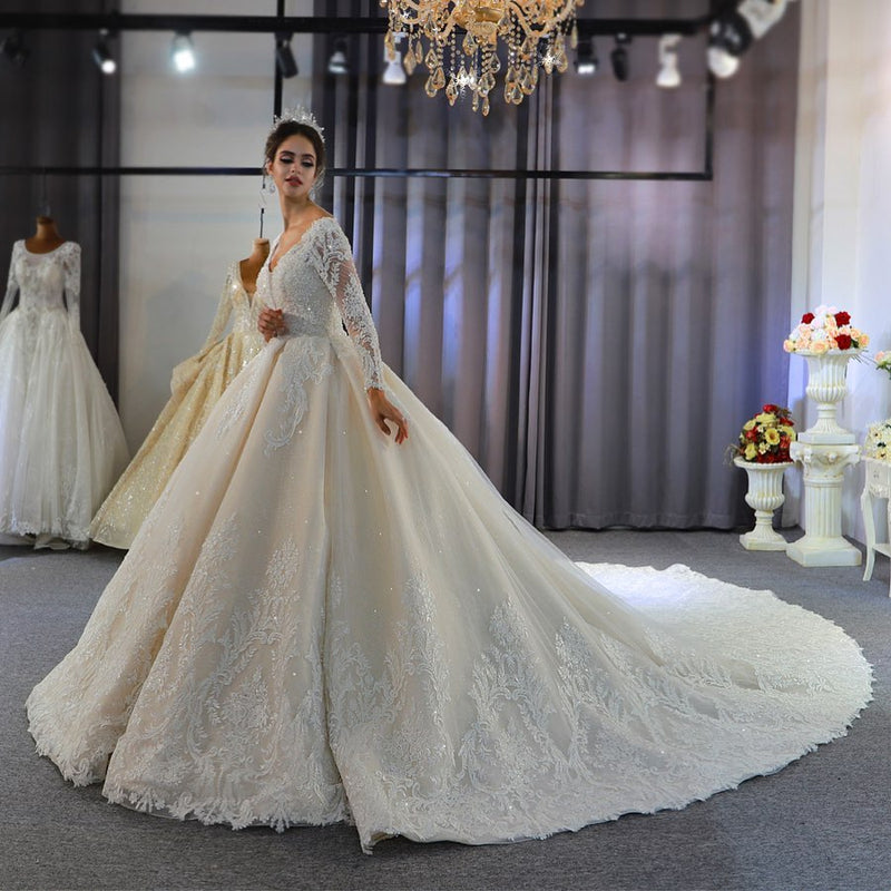 Long A-Line Sweetheart Backless Appliques Lace Sequins Wedding Dress with Sleeves-showprettydress