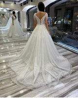 Long A-Line Sweetheart Backless Sequins Appliques Lace Wedding Dresses-showprettydress