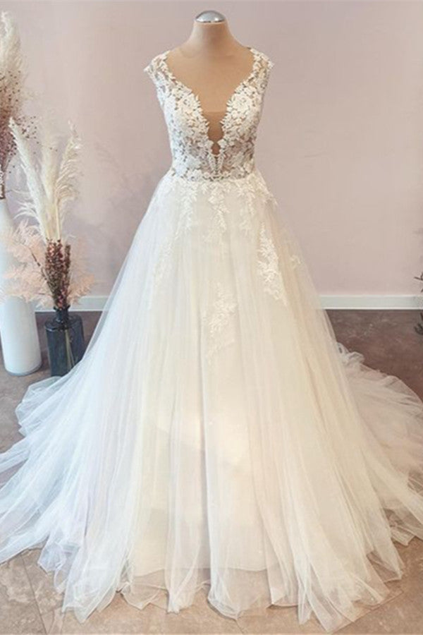 Long A-Line Sweetheart Floral Lace Tulle Wedding Dress-showprettydress