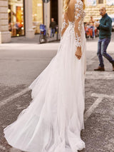 Long A-Line Sweetheart Lace Tulle Chiffon Wedding Dresses with Sleeves-showprettydress
