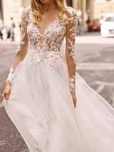 Long A-Line Sweetheart Lace Tulle Chiffon Wedding Dresses with Sleeves-showprettydress