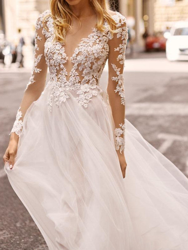 Long A-Line Sweetheart Lace Tulle Chiffon Wedding Dresses with Sleeves-showprettydress