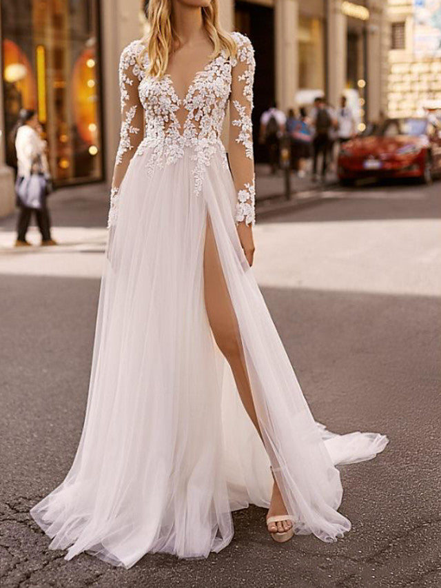 Long A-Line Sweetheart Lace Tulle Chiffon Wedding Dresses with Sleeves-showprettydress
