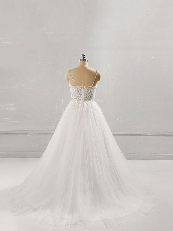 Long A-line Sweetheart Lace Tulle Wedding Dress-showprettydress