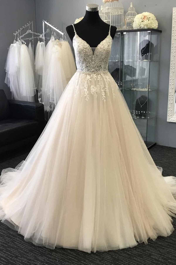 Long A-line Sweetheart Lace Tulle Wedding Dress-showprettydress