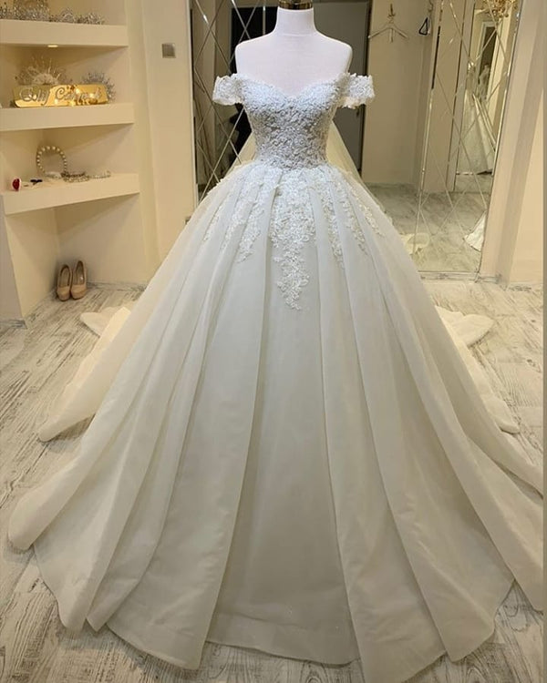 Long A-Line Sweetheart Off-the-Shoulder Appliques Lace Ruffles Wedding Dress-showprettydress