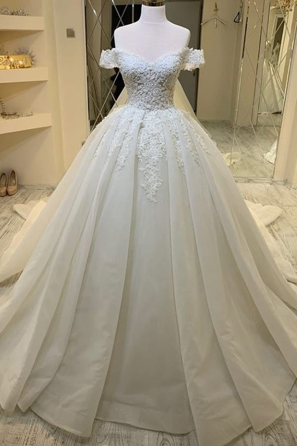 Long A-Line Sweetheart Off-the-Shoulder Appliques Lace Ruffles Wedding Dress-showprettydress