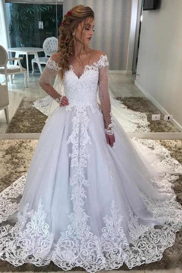 Long A-Line Sweetheart Off-the-Shoulder Appliques Lace Sequins Wedding Dress with Sleeves-showprettydress