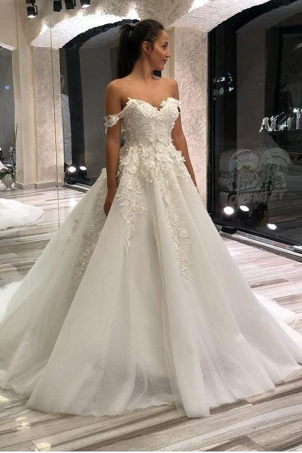 Long A-Line Sweetheart Off-the-Shoulder Appliques Lace Tulle Wedding Dress-showprettydress
