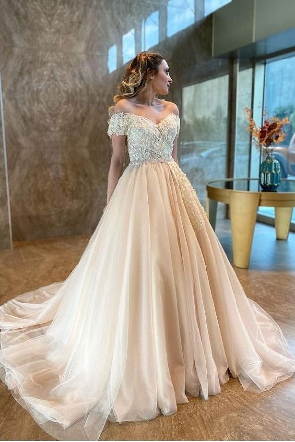 Long A-Line Sweetheart Off-the-Shoulder Backless Tulle Appliques Lace Wedding Dress-showprettydress