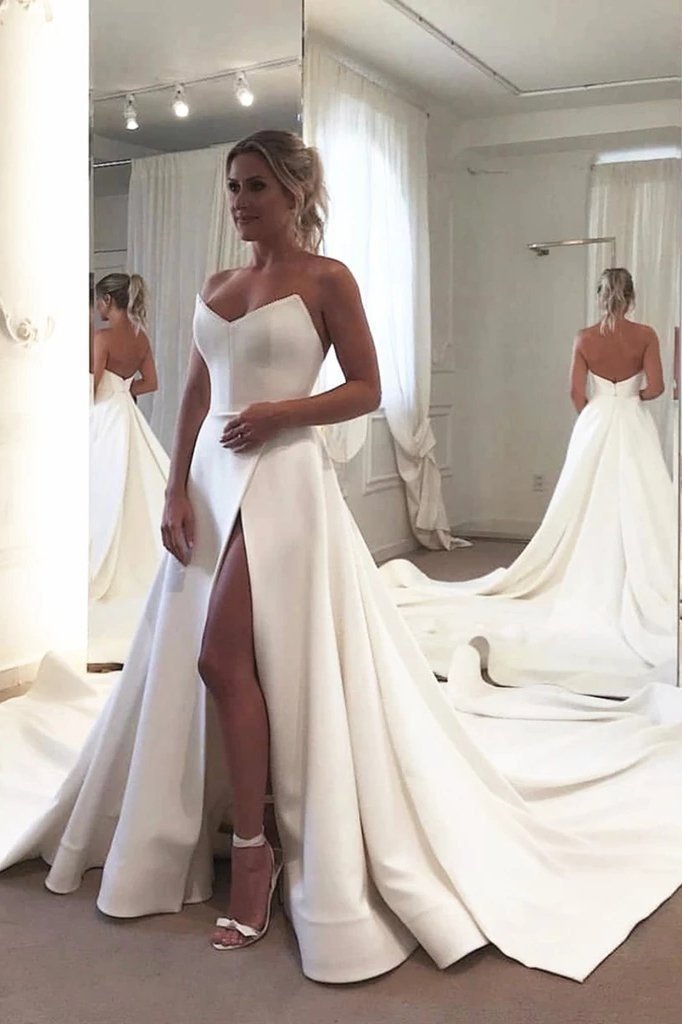Long A-line Sweetheart Satin Backless Wedding Dress with Slit-showprettydress