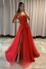 Long A-line Sweetheart Sequined Sleeveless Lace Applique Prom Dress with Slit-showprettydress