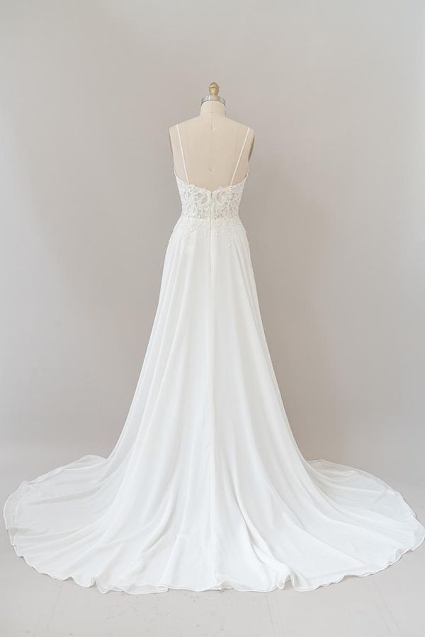 Long A-line Sweetheart Spaghetti Strap Appliques Chiffon Wedding Dress-showprettydress