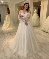 Long A-line Sweetheart Spaghetti Straps Gliiter Wedding Dress with Sleeves-showprettydress