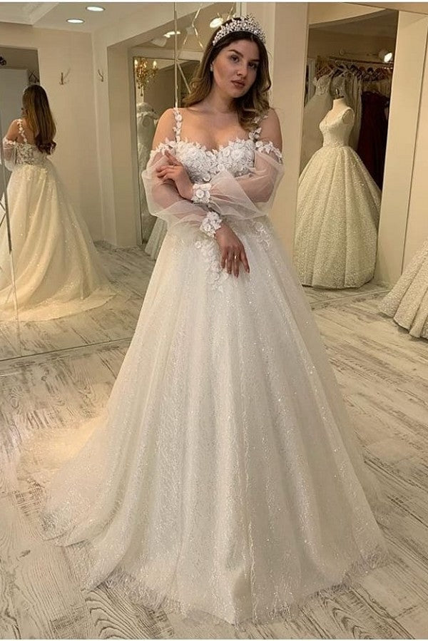 Long A-line Sweetheart Spaghetti Straps Gliiter Wedding Dress with Sleeves-showprettydress