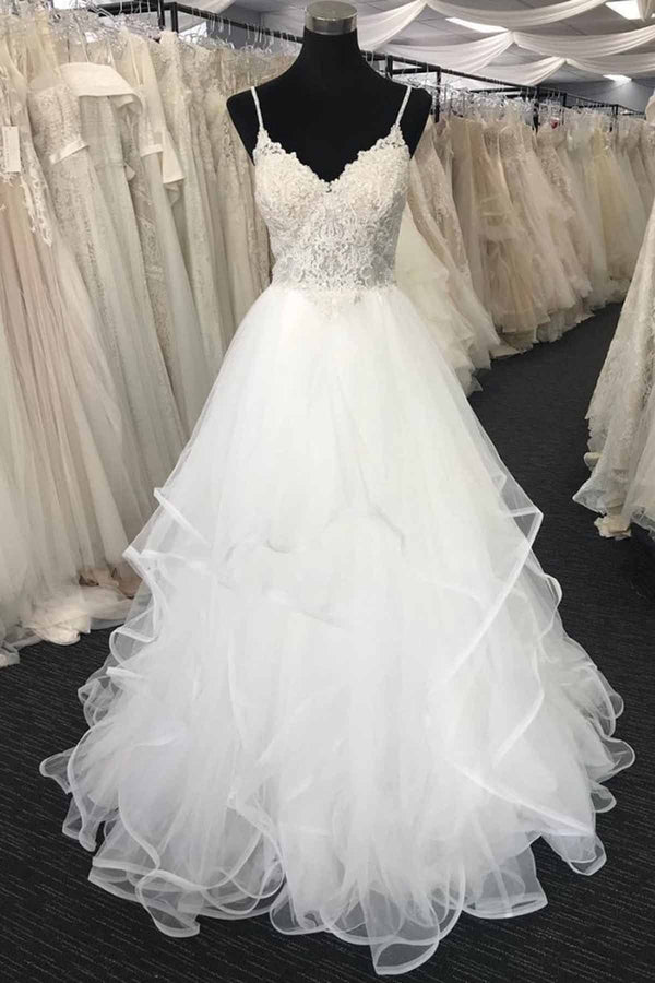 Long A-line Sweetheart Spaghetti Straps Lace Tulle Wedding Dress-showprettydress