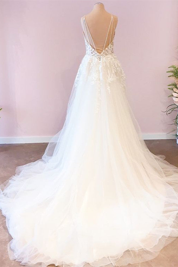 Long A-Line Sweetheart Spaghetti Straps Tulle Wedding Dress-showprettydress