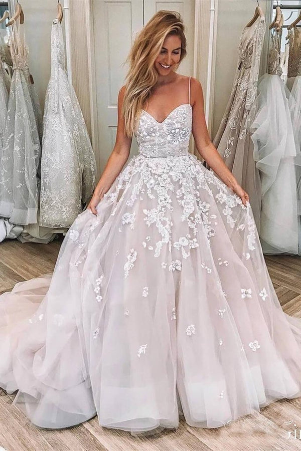 Long A-line Sweetheart Tulle Lace Applique Wedding Dress-showprettydress