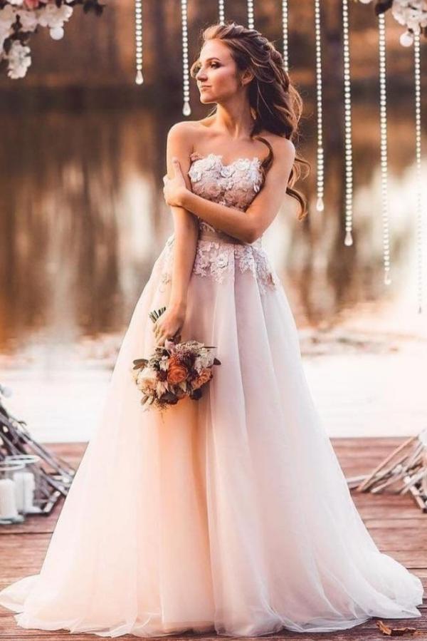 Long A-line Sweetheart Tulle Lace Appliques Princess Wedding Dress-showprettydress