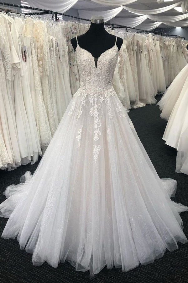 Long A-line Sweetheart Tulle Lace Spaghetti Straps Wedding Dress-showprettydress