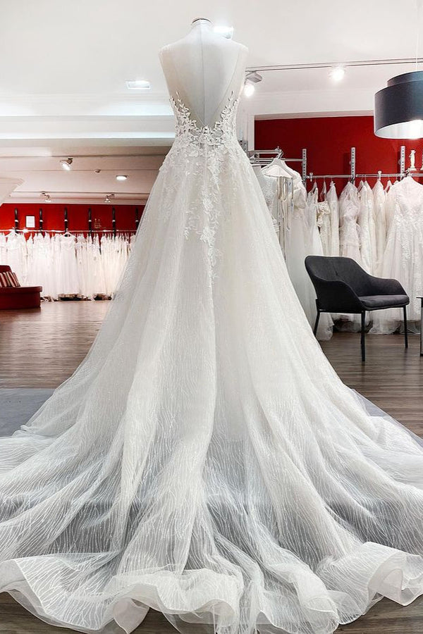 Long A-line Sweetheart Tulle Open Back Wedding Dress-showprettydress