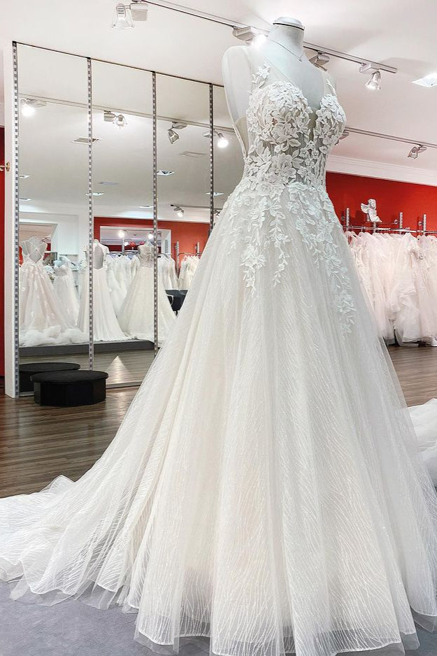 Long A-line Sweetheart Tulle Open Back Wedding Dress-showprettydress
