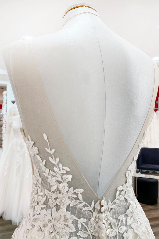 Long A-line Sweetheart Tulle Open Back Wedding Dress-showprettydress
