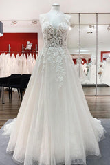 Long A-line Sweetheart Tulle Open Back Wedding Dress-showprettydress