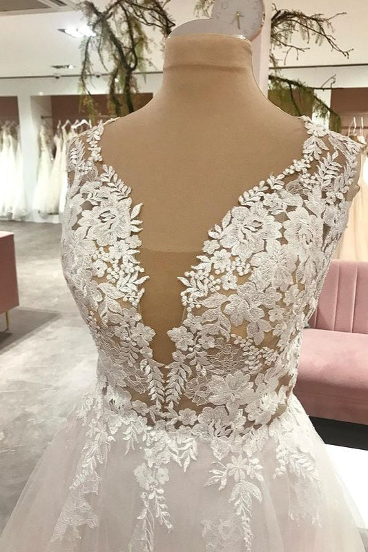 Long A-Line Sweetheart Tulle Wedding Dress With Appliques Lace-showprettydress