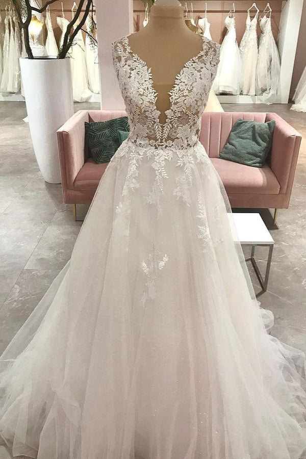 Long A-Line Sweetheart Tulle Wedding Dress With Appliques Lace-showprettydress