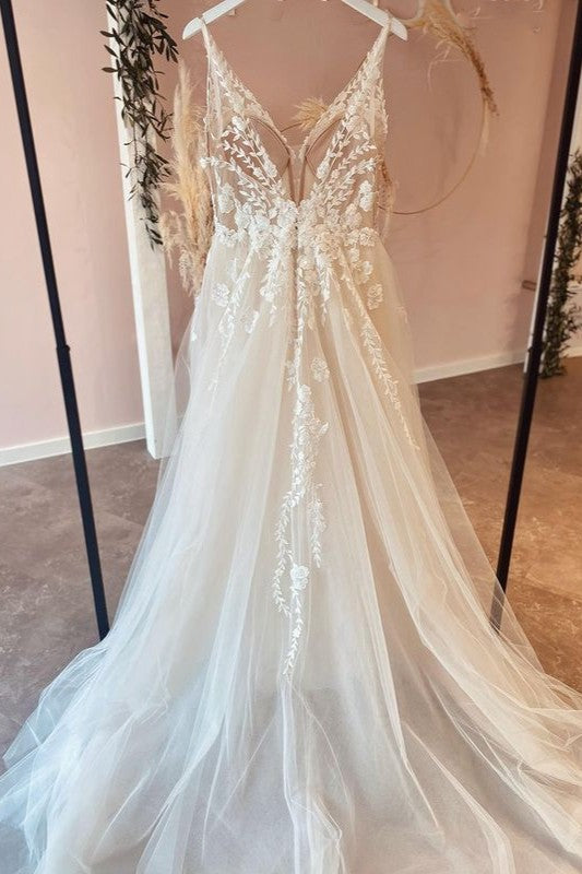 Long A-Line Tulle Appliques Lace Spaghetti Straps V-neck Backless Wedding Dress-showprettydress