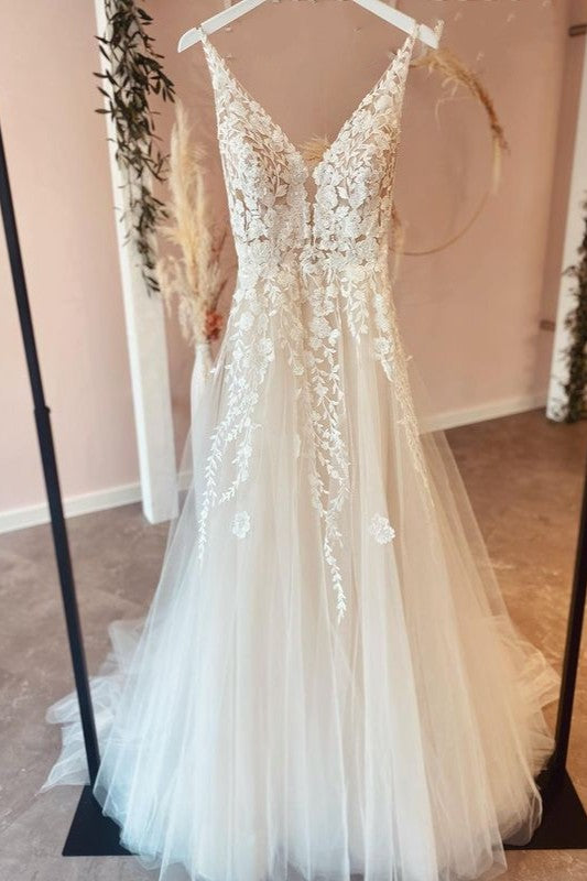 Long A-Line Tulle Appliques Lace Spaghetti Straps V-neck Backless Wedding Dress-showprettydress