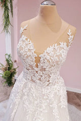 Long A-Line Tulle Backless Appliques Lace Sweetheart Wedding Dress-showprettydress