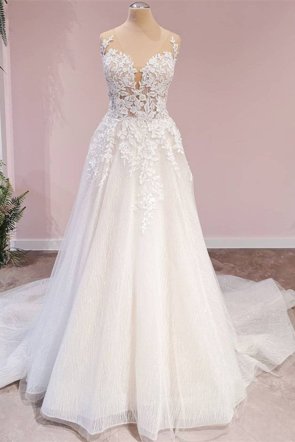 Long A-Line Tulle Backless Appliques Lace Sweetheart Wedding Dress-showprettydress