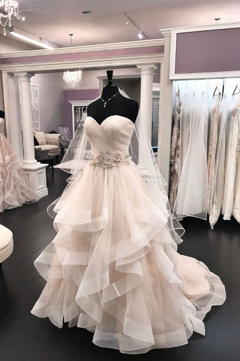 Long A-line Tulle Beaded Waistline Sweetheart Wedding Dress-showprettydress