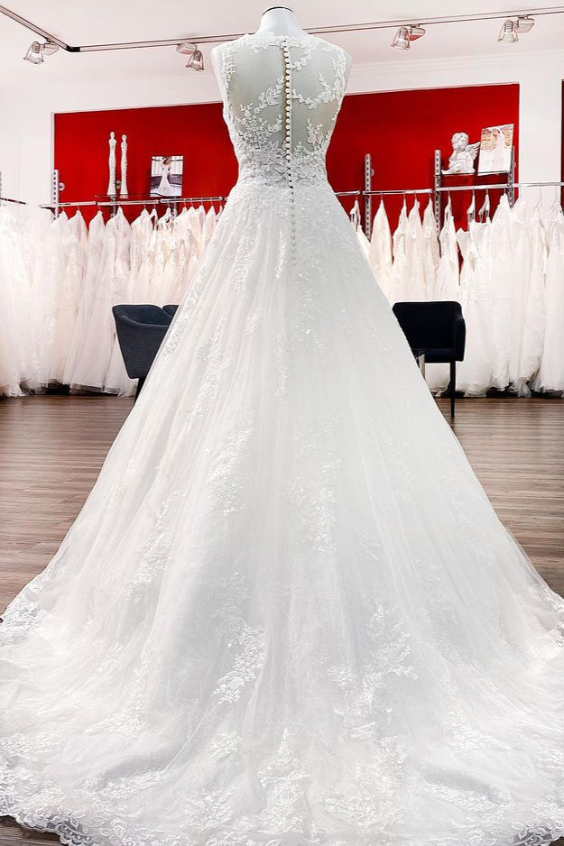 Long A-line Tulle Jewel Lace Appliques Wedding Dresses-showprettydress