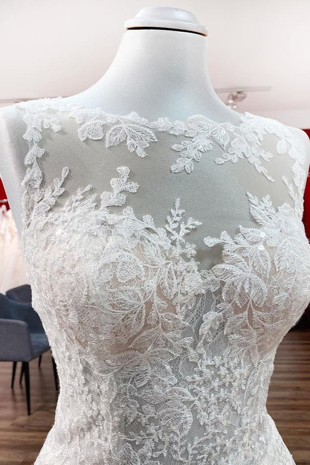 Long A-line Tulle Jewel Lace Appliques Wedding Dresses-showprettydress
