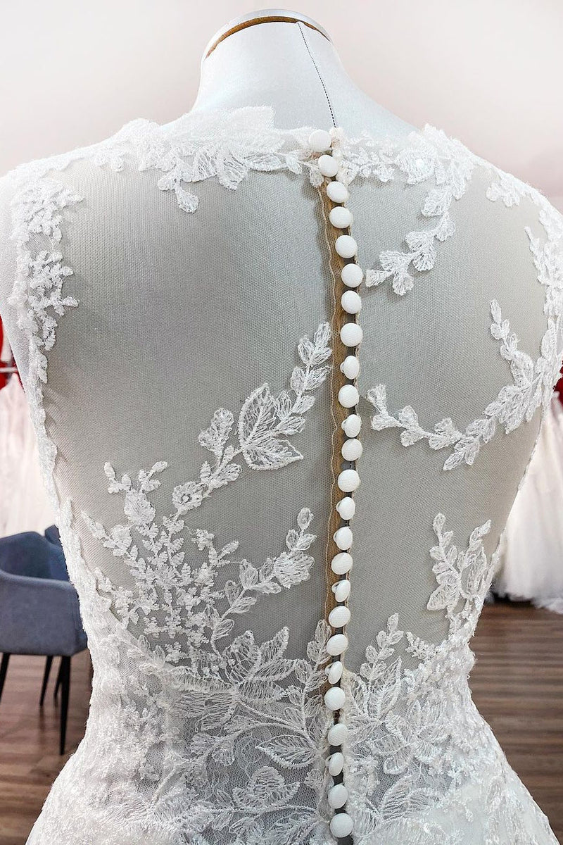 Long A-line Tulle Jewel Lace Appliques Wedding Dresses-showprettydress