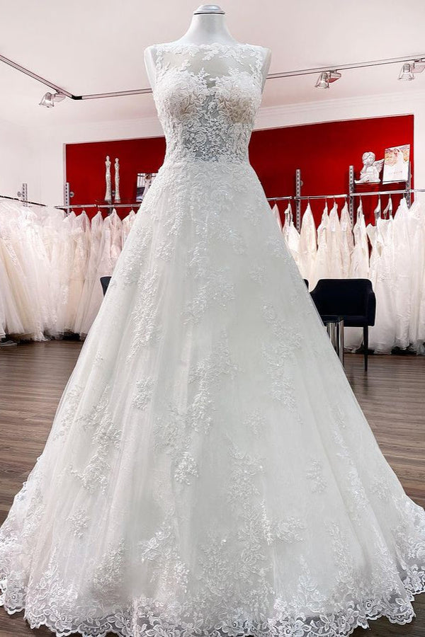 Long A-line Tulle Jewel Lace Appliques Wedding Dresses-showprettydress